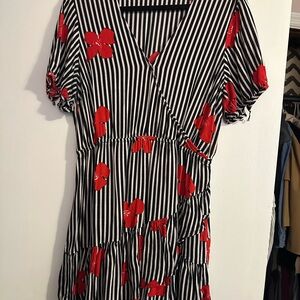 Madewell Black White Stripe Red Floral Wrap Dress Size 14